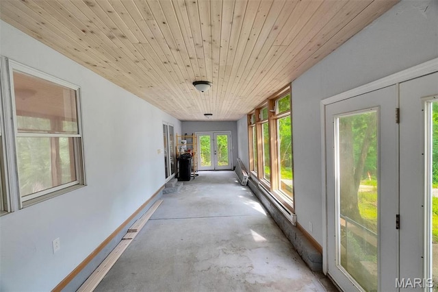 3080 Westwood Rd, Saint Clair, MO 63077 - unfurnished sunroom with french doors, unfinished concrete flooring, and wooden ceiling