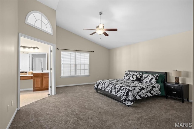 6817 Dunhill Dr, Fairview Heights, IL 62208 - carpeted bedroom featuring multiple windows, ensuite bath, high vaulted ceiling, and a ceiling fan
