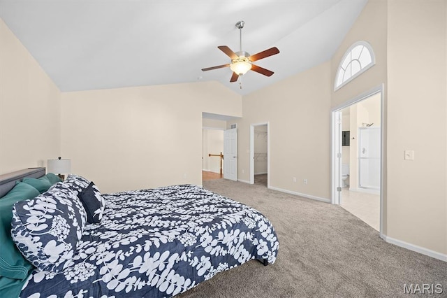 6817 Dunhill Dr, Fairview Heights, IL 62208 - carpeted bedroom featuring high vaulted ceiling, a ceiling fan, a walk in closet, and ensuite bath