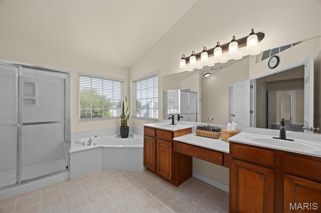 6817 Dunhill Dr, Fairview Heights, IL 62208 - bathroom with double vanity, a shower stall, a bath, and high vaulted ceiling