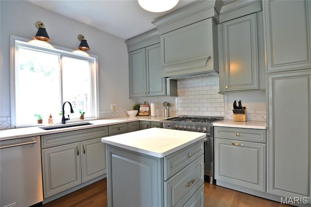 512 S 5th St, De Soto, MO 63020 - kitchen featuring appliances with stainless steel finishes, light countertops, gray cabinets, and backsplash