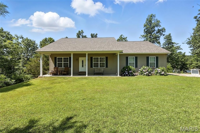 92 Lake Front Pt, Perryville, MO 63775 - ranch-style home with a front yard, a shingled roof, and covered porch