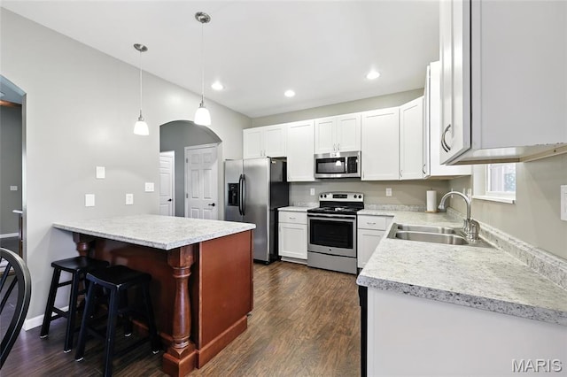 92 Lake Front Pt, Perryville, MO 63775 - kitchen with appliances with stainless steel finishes, arched walkways, a peninsula, a breakfast bar, and recessed lighting