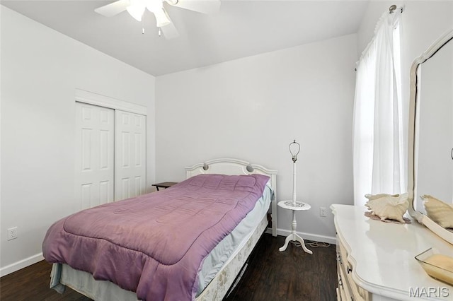 92 Lake Front Pt, Perryville, MO 63775 - bedroom featuring dark wood-type flooring, a closet, and a ceiling fan