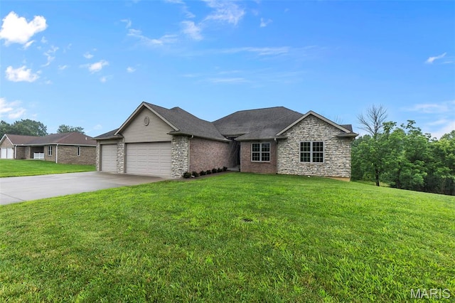 226 Indian Springs Dr, Jackson, MO 63755 - ranch-style home featuring stone siding, a garage, concrete driveway, and a front lawn