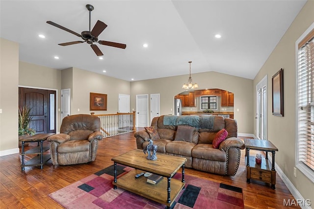 226 Indian Springs Dr, Jackson, MO 63755 - living area featuring wood finished floors, a ceiling fan, vaulted ceiling, arched walkways, and recessed lighting