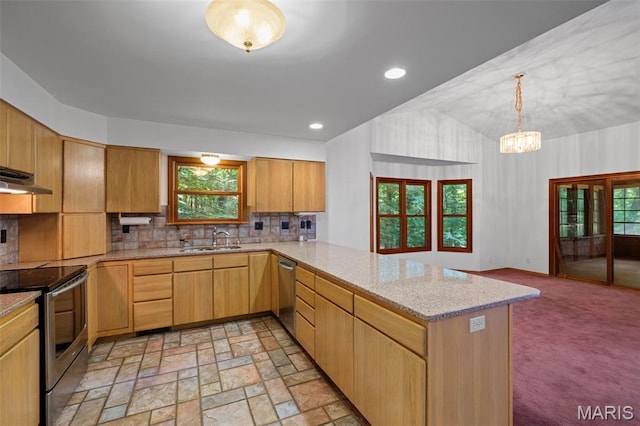 976 Aspenetter Dr, Innsbrook, MO 63390 - kitchen with a peninsula, appliances with stainless steel finishes, backsplash, a chandelier, and light stone countertops