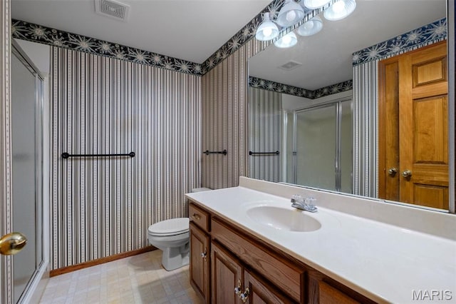 976 Aspenetter Dr, Innsbrook, MO 63390 - bathroom with wallpapered walls, a shower stall, vanity, and tile patterned floors