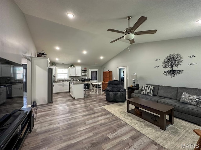326 Apple Park Way, Poplar Bluff, MO 63901 - living area featuring lofted ceiling, a ceiling fan, wood finished floors, and recessed lighting