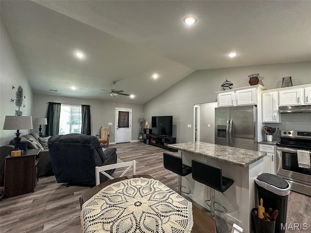326 Apple Park Way, Poplar Bluff, MO 63901 - living area featuring vaulted ceiling, wood finished floors, a ceiling fan, and recessed lighting