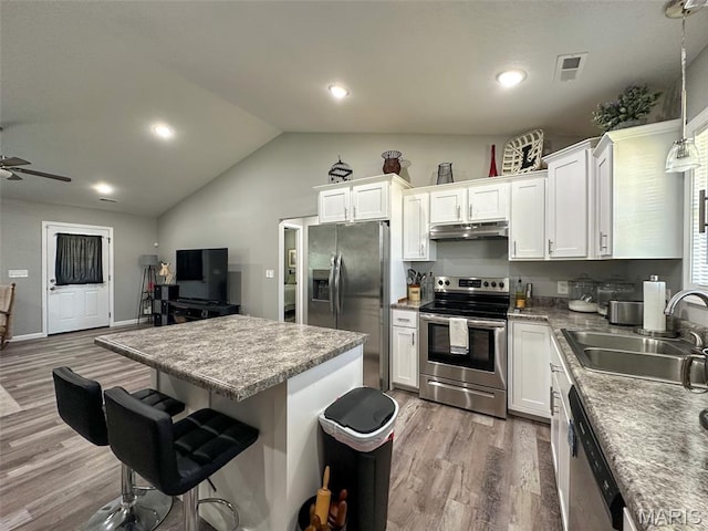 326 Apple Park Way, Poplar Bluff, MO 63901 - kitchen featuring stainless steel appliances, under cabinet range hood, vaulted ceiling, white cabinets, and a center island