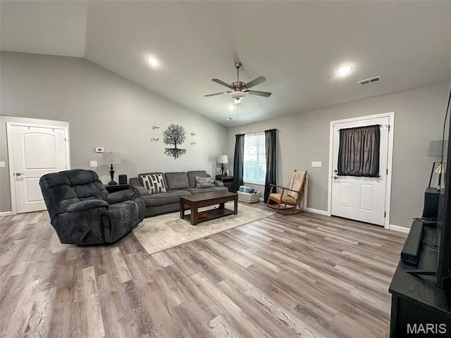 326 Apple Park Way, Poplar Bluff, MO 63901 - living room featuring ceiling fan, lofted ceiling, wood finished floors, and recessed lighting