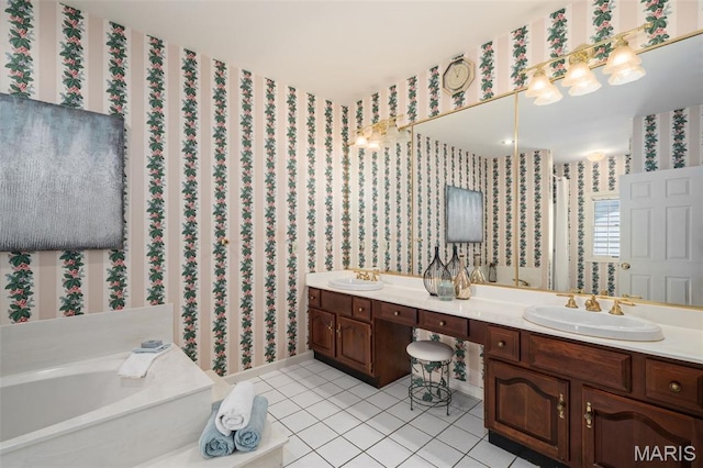 649 Westledge Ct, Des Peres, MO 63131 - bathroom with wallpapered walls, double vanity, a bath, and tile patterned floors
