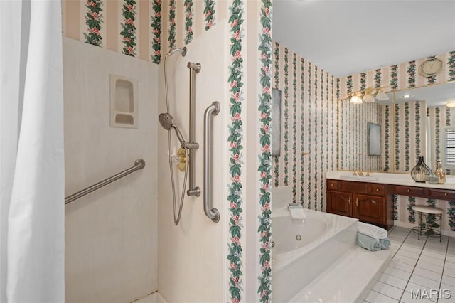 649 Westledge Ct, Des Peres, MO 63131 - bathroom with wallpapered walls, a jetted tub, a shower, tile patterned floors, and vanity
