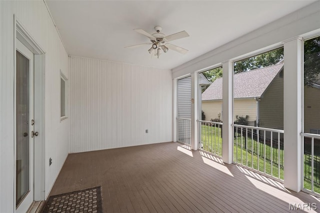 649 Westledge Ct, Des Peres, MO 63131 - unfurnished sunroom featuring a ceiling fan