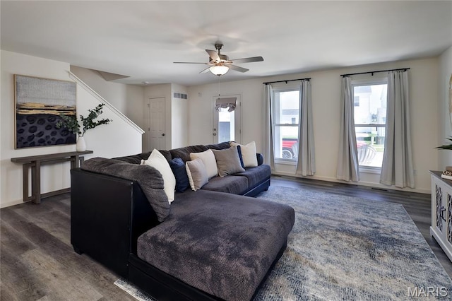 3092 Pirogue St, Saint Charles, MO 63301 - living room with dark wood finished floors, a ceiling fan, and plenty of natural light
