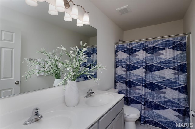 3092 Pirogue St, Saint Charles, MO 63301 - bathroom featuring double vanity, a chandelier, and curtained shower