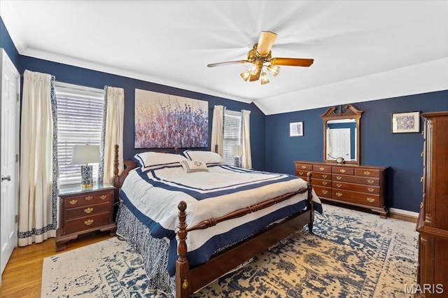 1843 Manor Hill Rd, Saint Louis, MO 63131 - bedroom featuring wood finished floors, ceiling fan, and vaulted ceiling