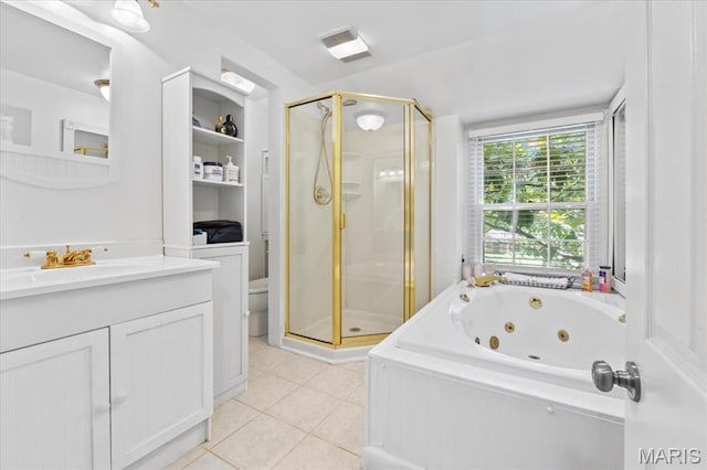 1843 Manor Hill Rd, Saint Louis, MO 63131 - full bath featuring a stall shower, tile patterned floors, vanity, and a tub with jets