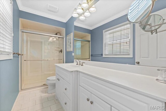1843 Manor Hill Rd, Saint Louis, MO 63131 - full bathroom with a stall shower, tile patterned floors, vanity, and ornamental molding