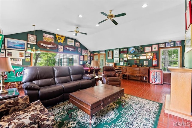 1843 Manor Hill Rd, Saint Louis, MO 63131 - living room with vaulted ceiling, brick patterned flooring, a ceiling fan, and recessed lighting