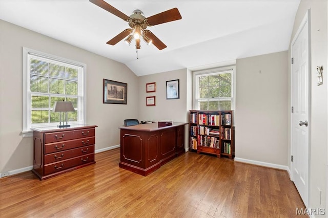 1843 Manor Hill Rd, Saint Louis, MO 63131 - office area featuring a ceiling fan, light wood-style floors, and vaulted ceiling