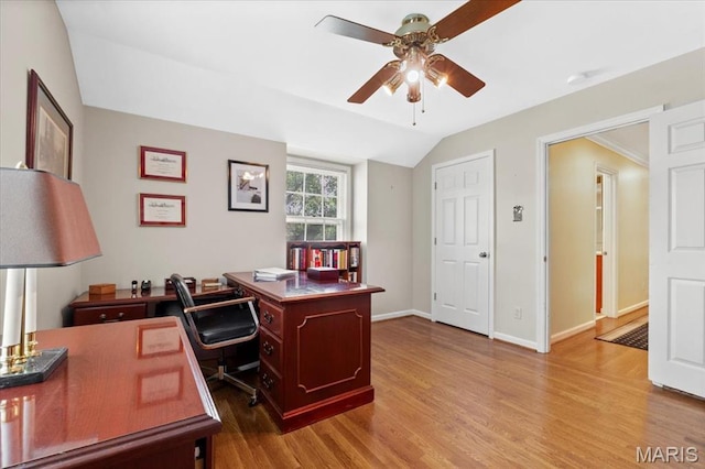 1843 Manor Hill Rd, Saint Louis, MO 63131 - office space with a ceiling fan, wood finished floors, and vaulted ceiling