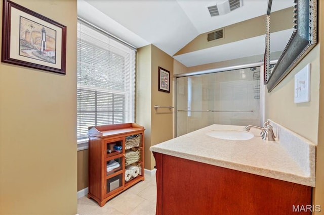 1843 Manor Hill Rd, Saint Louis, MO 63131 - full bathroom featuring vanity, a tile shower, tile patterned flooring, and vaulted ceiling
