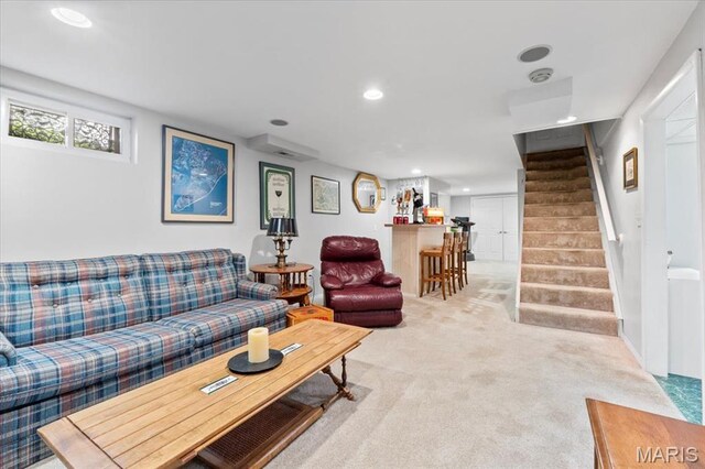 1843 Manor Hill Rd, Saint Louis, MO 63131 - living area featuring recessed lighting, light carpet, and stairway