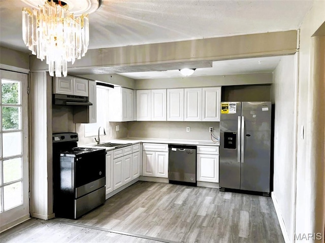 544 Hentschel Pl, Ferguson, MO 63135 - kitchen with appliances with stainless steel finishes, under cabinet range hood, light wood-style flooring, and white cabinets