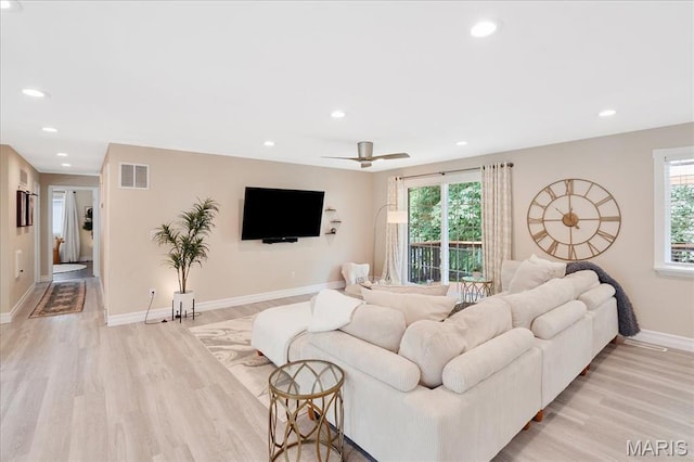 447 Maymont Dr, Ballwin, MO 63011 - living area featuring a ceiling fan, light wood-style flooring, and recessed lighting