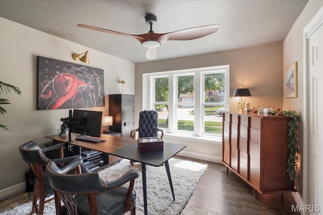 447 Maymont Dr, Ballwin, MO 63011 - office with ceiling fan and dark wood-type flooring