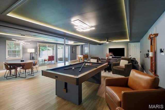 447 Maymont Dr, Ballwin, MO 63011 - playroom featuring wood finished floors, a ceiling fan, and billiards table