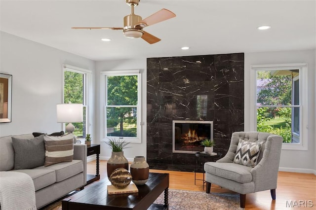 15747 Cedarmill Dr, Chesterfield, MO 63017 - living room with plenty of natural light, ceiling fan, wood finished floors, and recessed lighting