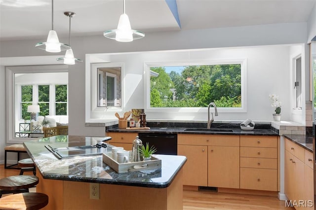 15747 Cedarmill Dr, Chesterfield, MO 63017 - kitchen featuring black dishwasher, plenty of natural light, light wood-style floors, and pendant lighting