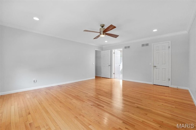 15747 Cedarmill Dr, Chesterfield, MO 63017 - empty room with ceiling fan, light wood-style floors, crown molding, and recessed lighting