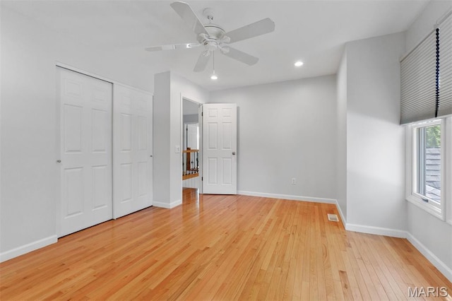 15747 Cedarmill Dr, Chesterfield, MO 63017 - unfurnished bedroom with light wood finished floors, recessed lighting, a closet, and a ceiling fan