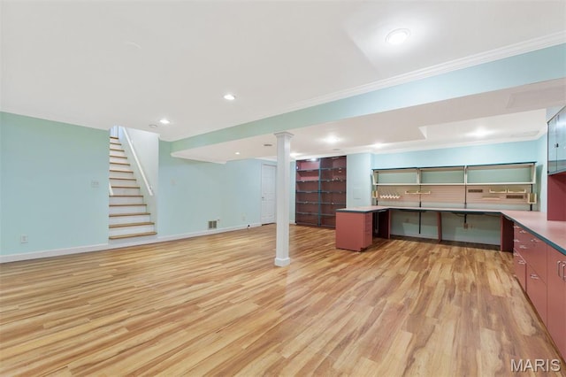 15747 Cedarmill Dr, Chesterfield, MO 63017 - unfurnished office with crown molding, light wood-style floors, decorative columns, and recessed lighting