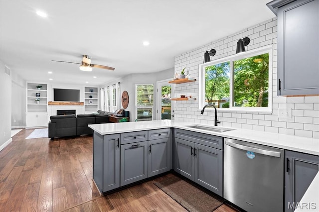 1026 Timber Creek Ln, Ofallon, IL 62269 - kitchen featuring dishwasher, gray cabinets, a peninsula, and recessed lighting