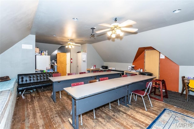 3815 N 20th St, Saint Louis, MO 63107 - recreation room with wood finished floors, lofted ceiling, and a ceiling fan