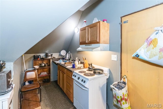 3815 N 20th St, Saint Louis, MO 63107 - kitchen with electric range, under cabinet range hood, lofted ceiling, and dark carpet