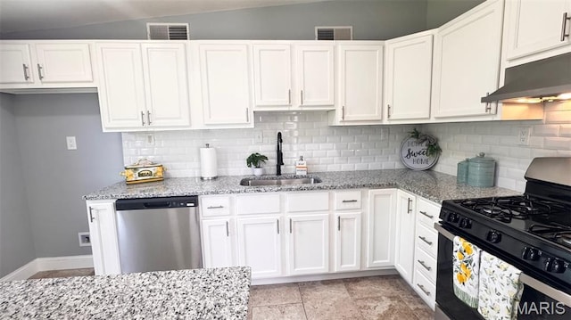 6822 Friarwood Dr, Saint Louis, MO 63134 - kitchen featuring stainless steel dishwasher, black gas stove, white cabinets, and tasteful backsplash