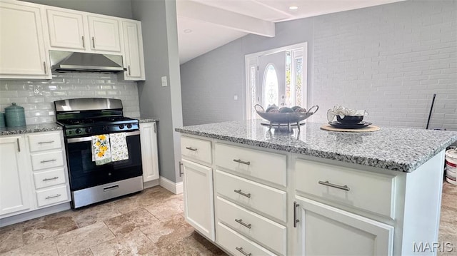 6822 Friarwood Dr, Saint Louis, MO 63134 - kitchen featuring stainless steel range with gas cooktop, ventilation hood, decorative backsplash, light stone counters, and white cabinetry