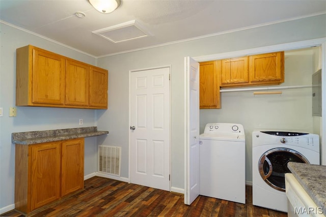 33 Southbrook Dr, Rolla, MO 65401 - washroom with cabinet space, dark wood-style floors, washer and dryer, electric panel, and ornamental molding