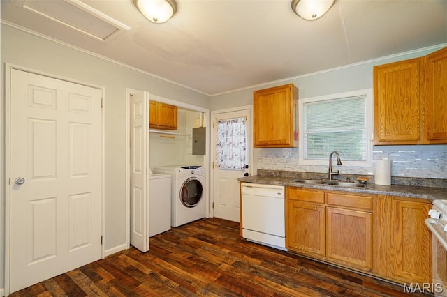33 Southbrook Dr, Rolla, MO 65401 - kitchen featuring white dishwasher, separate washer and dryer, dark wood-style flooring, crown molding, and dark countertops