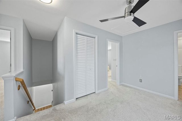 3112 Bentwater Pl, Saint Charles, MO 63301 - unfurnished bedroom with carpet flooring, a closet, ensuite bath, and a ceiling fan