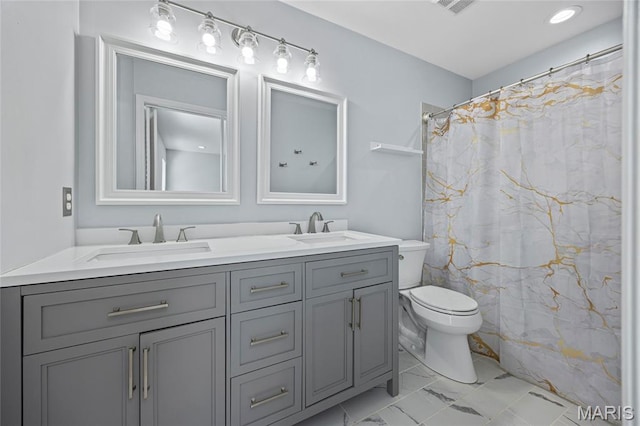 3112 Bentwater Pl, Saint Charles, MO 63301 - full bath featuring double vanity, marble finish flooring, and curtained shower