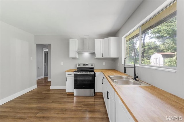 200 Francisca Dr, Florissant, MO 63031 - kitchen with stainless steel range with electric cooktop, wall chimney exhaust hood, white cabinetry, and dark wood finished floors