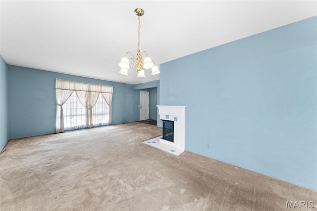 670 Gateswood Dr, Florissant, MO 63033 - unfurnished living room with carpet, a chandelier, and a fireplace with flush hearth