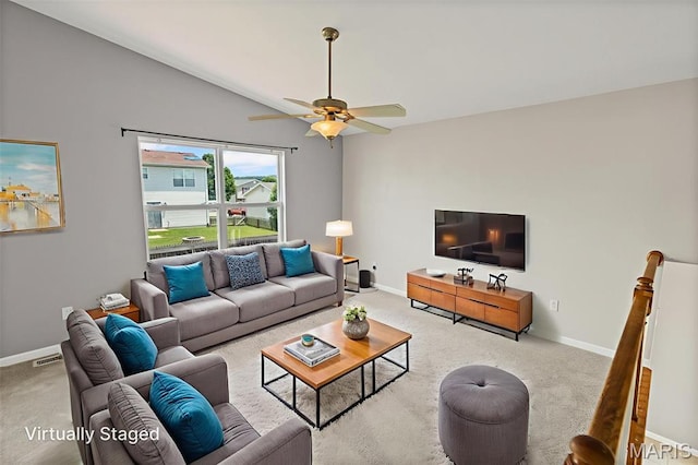 412 Audry Dr, Dupo, IL 62239 - carpeted living room with vaulted ceiling and ceiling fan